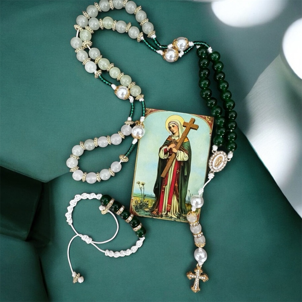 Handmade Catholic Rosary Set with Saint Elena Card & Adjustable Bracelet